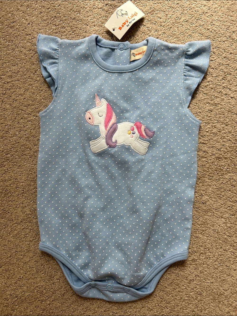 NWT Baby Luigi blue polka dot unicorn bubble